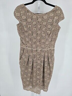 Alex Evenings Womens Sz 8 Knee Length Sheath Formal Dress Gold Lace Cap Sleeve
